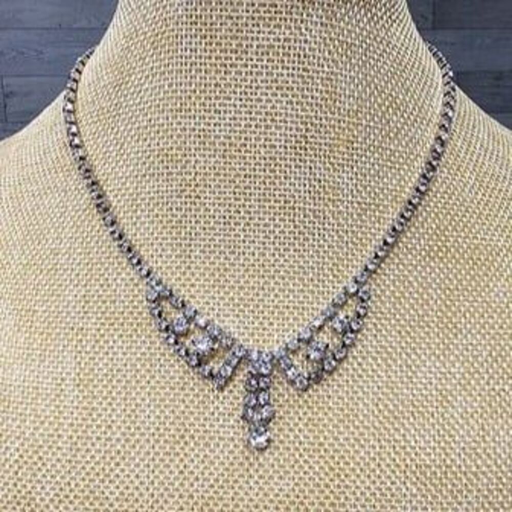 Vintage Art Deco Prong-Set Rhinestone Drop Necklace 15.75"L